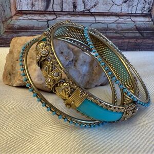 Bangle Bracelet Set With Turquoise and Rhinestone Accents